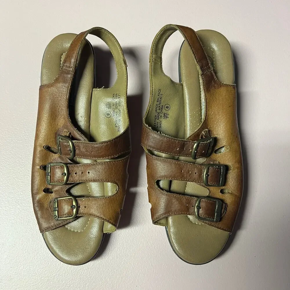 The Leather Collection Strappy Buckle Slingback Brown Leather Sandals Womens 8